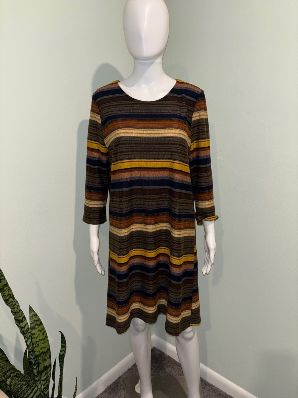 Tacera Knee Length Striped Shift Dress with 3/4 Sleeves in Fall Colors - PXL